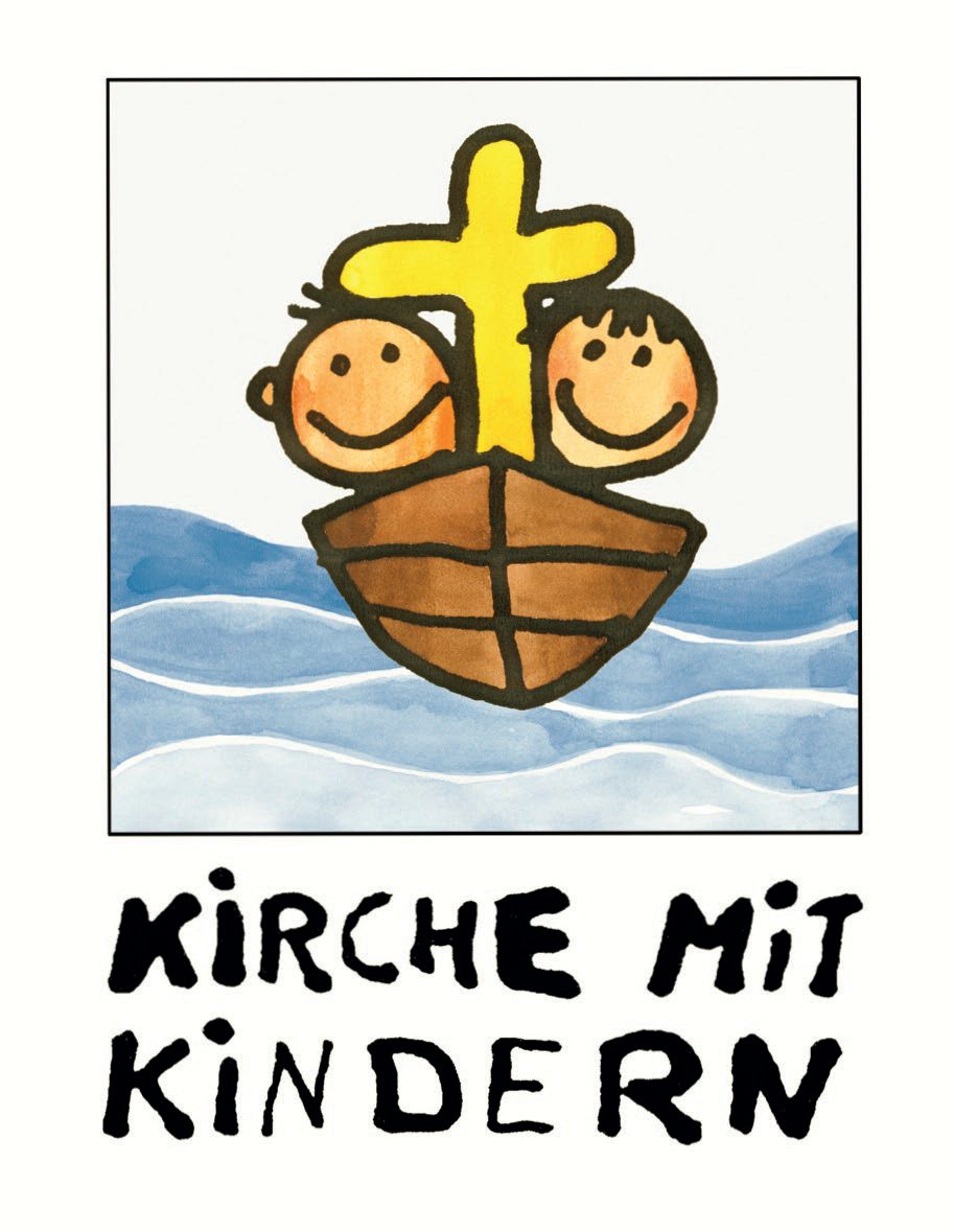 Logo Kirche mit Kindern: zwei Kinder in einem Boot mit Kreuz