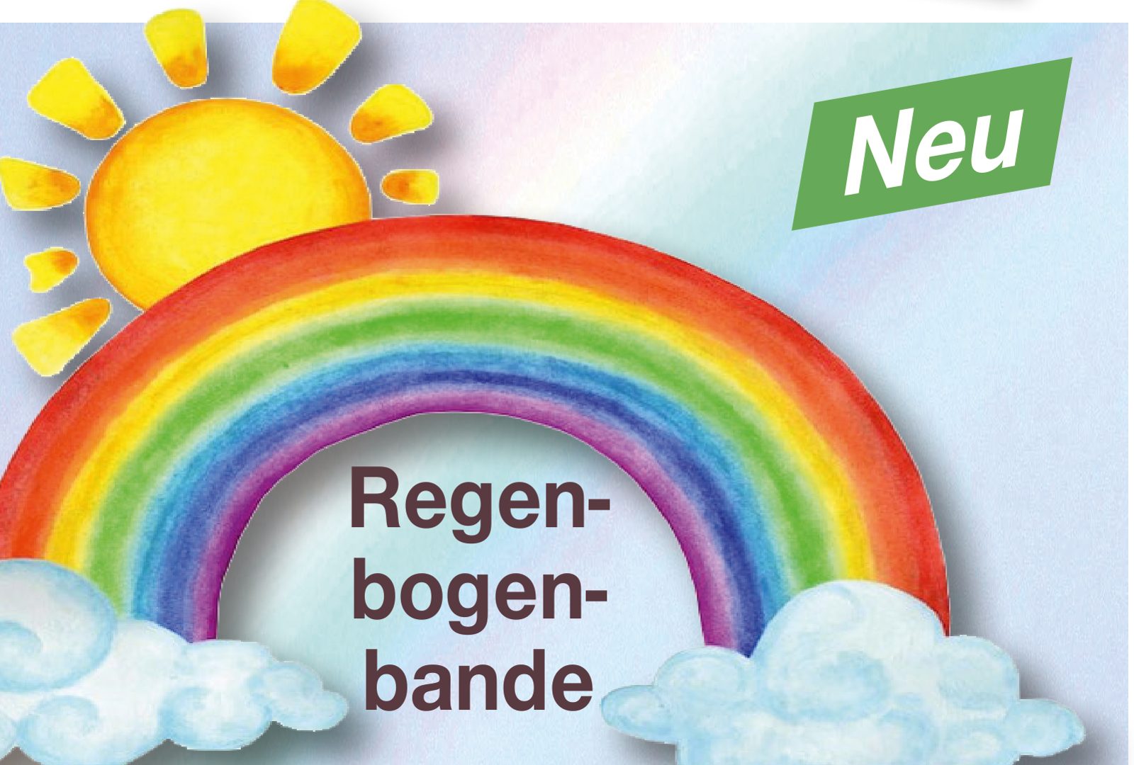 Gemalter Regenbogen mit Sonne und dem Schriftzug Regenbogenbande